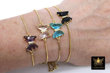 Crystal Butterfly Bracelet, Tiny CZ Butterfly Dainty Adjustable Gold Bracelets #694, Black, Gold, Amethyst and Clear by Regina Harp Designs - A Girls Gems